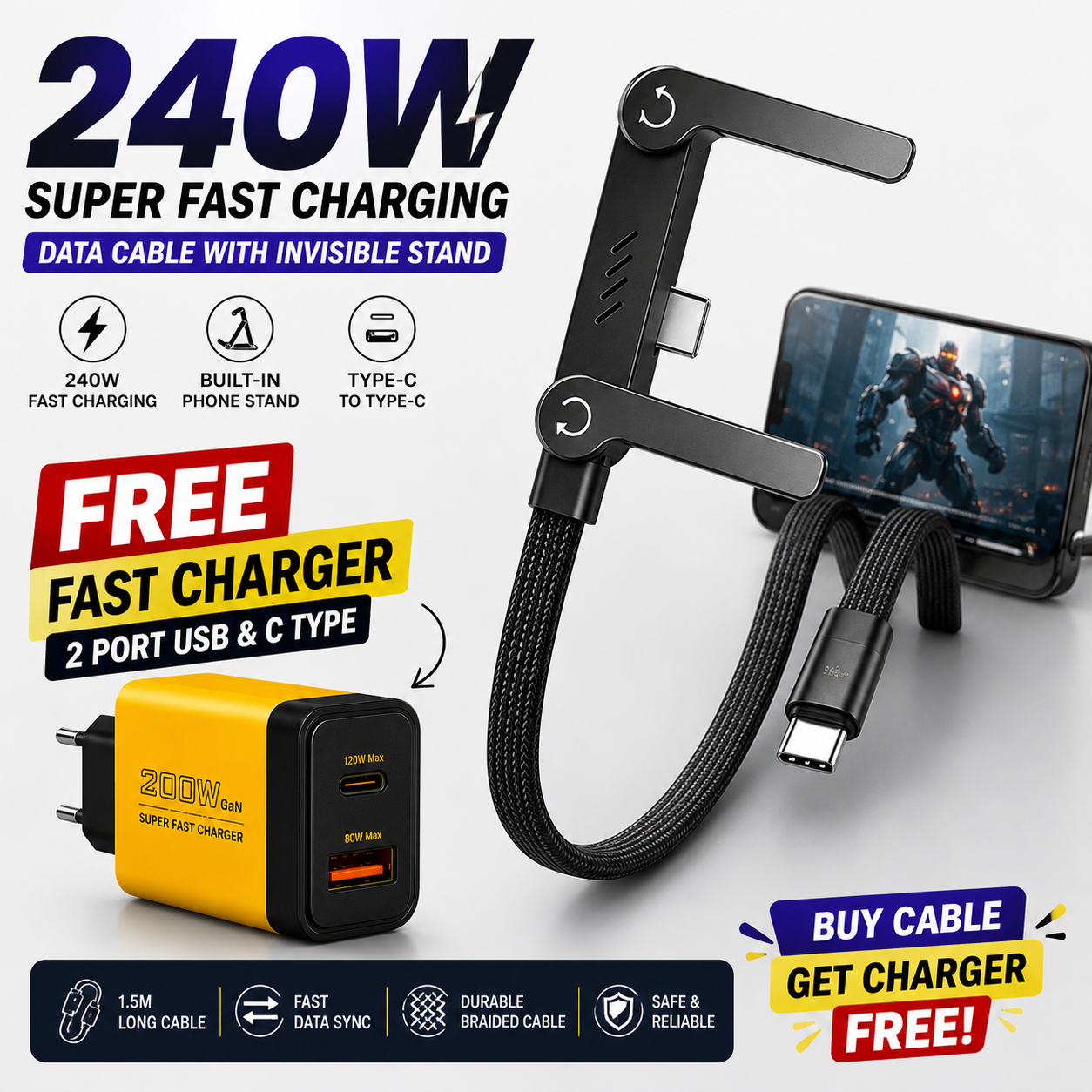 240W Fast Charging Cable with Invisible Stand + Free Fast Charger